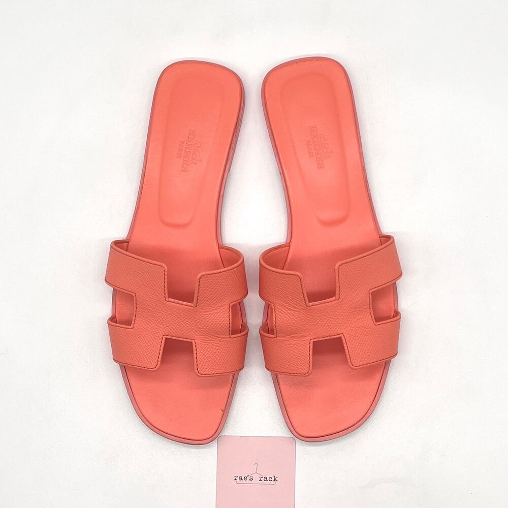 HERMES Oran Sandal Orange Joey Epsom Womens Size 39 Calf Leather Flat - Picture 3 of 16